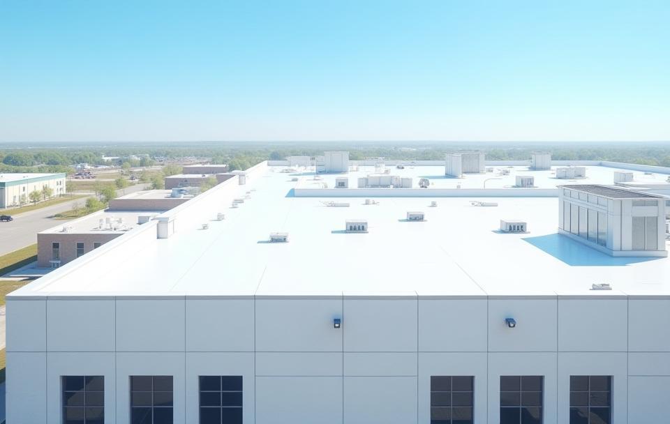 Large commercial building with a newly completed flat roof, exhibiting modern design and robust construction.