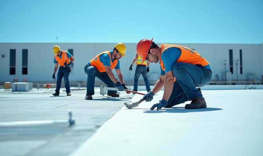 Experienced Harbert Roofing crew working on a commercial roof project, ensuring safety and precision.