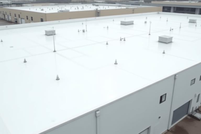 Expansive new roof on a large warehouse in Sacramento, optimized for industrial use.