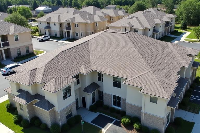 Multi-unit residential complex in Anderson with renovated roofing, featuring uniform, durable shingles.
