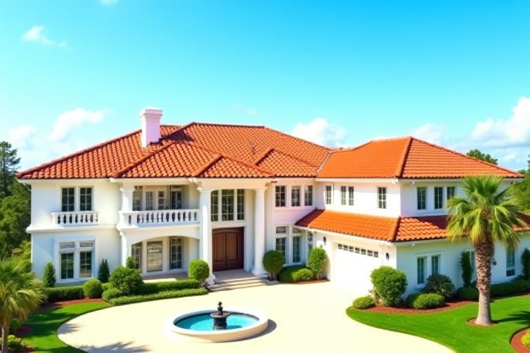 Newly installed tile roof on a large residential estate in Redding, featuring classic red tiles against a blue sky.