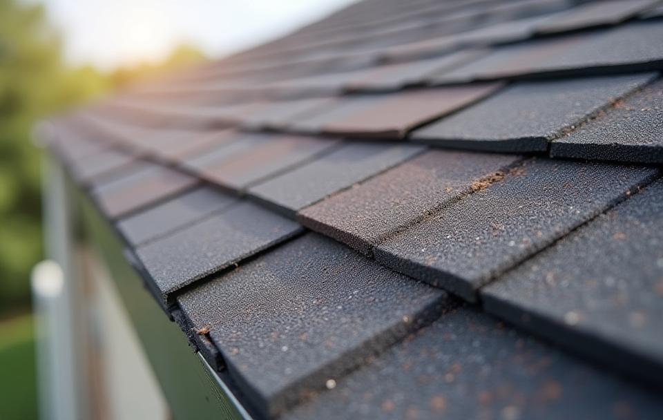 Close-up of newly installed residential asphalt shingle roof, showcasing meticulous shingle alignment and quality.